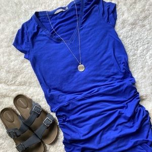 Athleta ruched blue cotton v-neck dress size SP